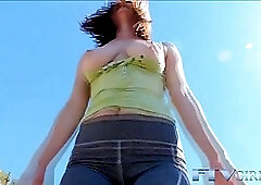 Brunette babe likes to play with a long cucumber, while her boyfriend is recording a video