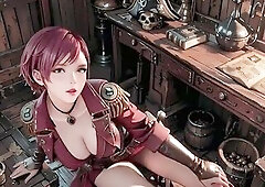 The Redhead Pirate Captain makes a cheeky entrance! Clothed in taut burgundy leather armor, that babe lounges slowly amidst piles of gold and nautical