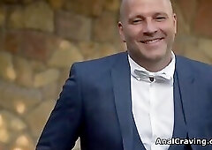 Blonde bride double penetrated on honeymoon by husband and the lucky waiter