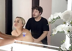 Banging All Natural Large Titties Cas Summer In Front of Mirror. Sucking dong and bending her over the washroom sink as this babe watches herself get 