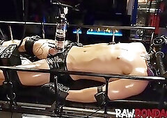 Sexy dude in breath control and chastity slave submission