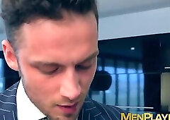 Elevator sex for a pair of businessmen in expensive suits