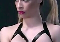 Blonde in pink striped stockings caged gets pussy fucked with dildo