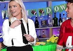 Barmaids holes getting freeused by two guests in a threeway