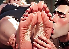 Resigned man passionately worshipping the perspired feet of a plump big beautiful woman. This guy licks her soles and sucks her toes with complete sub