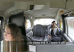Uniformed fake taxi driver in leather skirt gives a deep blowjob to a well-endowed Black passenger in her sedan parked on the service road