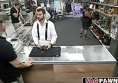 Sexy gay blows a cock in public pawn shop