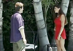 Brunette hair in sexy red suit gets her cunt banged poolside.