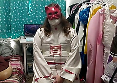vinyl Cat Priestess Miko Sissy Costume Play does Breathplay and Vib
