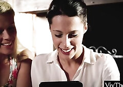 Hot lesbos get excited reading an erotic novel and in a short time end up on daybed