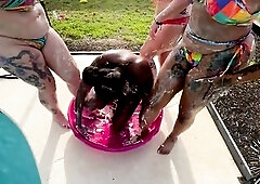 Savanna, Giana, Bleu, and Livie dive into a pool of thick, golden custard. They slide and slip, grinding their slick bodies jointly as the creamy mess