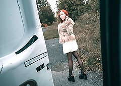 Hot redhead cheats on boyfriend, gets deepthroat blowjob and intense pounding in van confession!