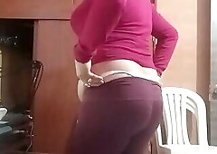 Sexy Latina crossdresser, dancing in underwear, with her hard cock
