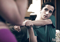 Voluptuous blonde stepmom plays with two dicks