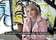 Public Agent amatuer teen with short blond hair chatted up at busstop and taken to basement to get screwed by large rod