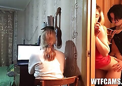 Blonde chick is watching porn while her roommate is having sex with her boyfriend, in the bedroom