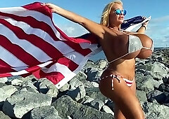 Blonde with big boobs fucked from behind before tit wanking