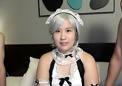 Lovely Japanese babe in lingerie takes on a gang of cocks