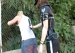 Tranny police babe gets kinky with a muscled lad
