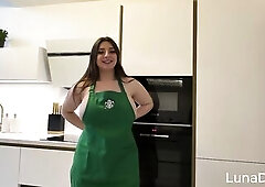 I wanted to surprise my boyfriend by putting on a very hot Barista outfit with the little apron and the cap, out of underclothes. I went into the gara
