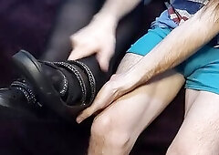 Removing nylons & rubbing her feet after a lengthy day