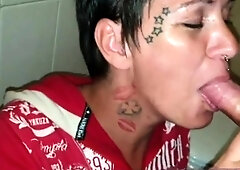 Tattooed milf fucks wild sexy cat in the toilet