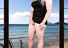 Large rod t-girl in constricted costume public masturbation