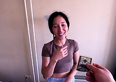 Skinny cleaning lady took money and had sex with him POV