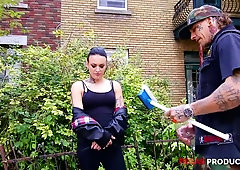 Two tattooed dudes pick up and fuck furiously insatiable sassy chick Tess X