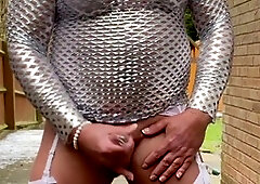 Kellycd2022, passionate crossdressing MILF delights in outdoor solo fun in her high heels and pantyhose