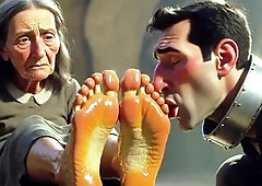 Dude in the asylum is totally obedient to old sweethearts, licking their feet with excitement. That guy sucks every toe and licks their wrinkled soles