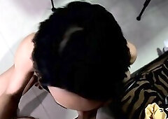 Working her pole and hole to make this ladyboy cum