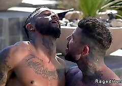 Tattooed muscle gays rim and anal fuck in the pool