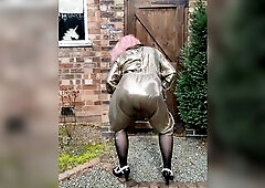 Hawt sissy tv crossdresser Nottstvslut outdoors in gold iron shiny hot costume.