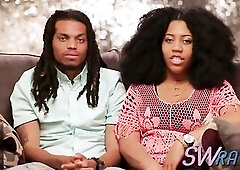 Chocolate pair arrives at the swing abode and after signing the contract they take it to their bedroom where this chab bangs her in doggy style in adv