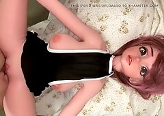 CFNM action with a tiny pecker getting it on with a love doll while covering her tee-shirt in cum