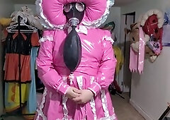 Frilly PVC sissy outfit, gas mask play with breath control bag and bubbler bottle