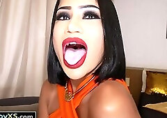 Curvy big boobs Asian ladyboy strips sexy dress to ride BWC stud