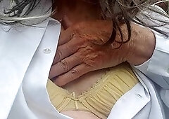 Betty Spanxxx in a blouse and miniskirt having fun outdoors