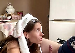 Cute brunette babe gives a sensual blowjob and swallows every drop of cum