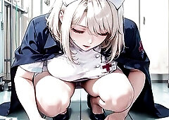 The golden-haired dominatrix-bitch strolls elegantly in a crisp darksome nurse's uniform throughout the bright, spacious hospital corridor. That 