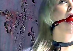 Chained blonde teen's mouth is gagged on a live feed