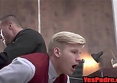 Blonde Teen fucked with a Dildo over the Priests knee