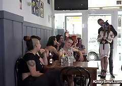 Slave blowing and rims man in public bar