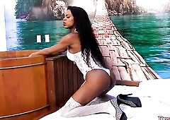 Slim ebony tgirl in nylons is joined by a dashing white dude for a sexy trade of butt bangs that ends with cum flowing without her gratified anus.