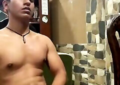 Asian buff guy jacks off