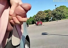 Risky flashing at a busy Parking lot And Cumshot close to a highway