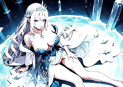 The silver-haired Ice Mage descends into a crystal hall, where glowing snowflakes bloom behind her, instantly setting a divine and chilly mood. Clothe