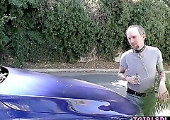 Obedient guy giving blowjob to his blonde transsexual mistress Roxxie Moth