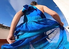 Sissy goddess in a see-through dress shows off her sexy cock and ass while having fun outdoors